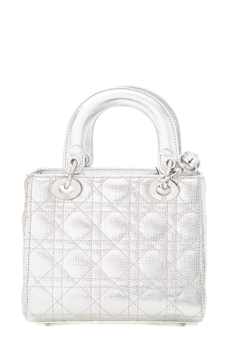 Dior Lady Dior Metallic Silver Grained Cannage with Lucky Badges Handbag