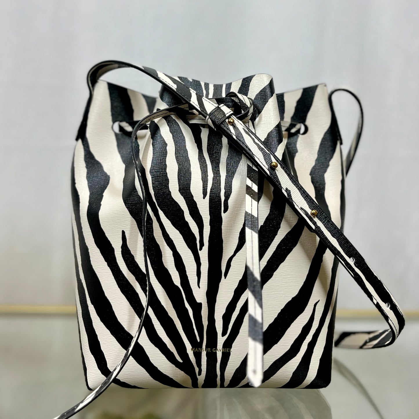 MANSUR GAVRIEL Mini Black White Zebra Print Coated Canvas Bucket Bag