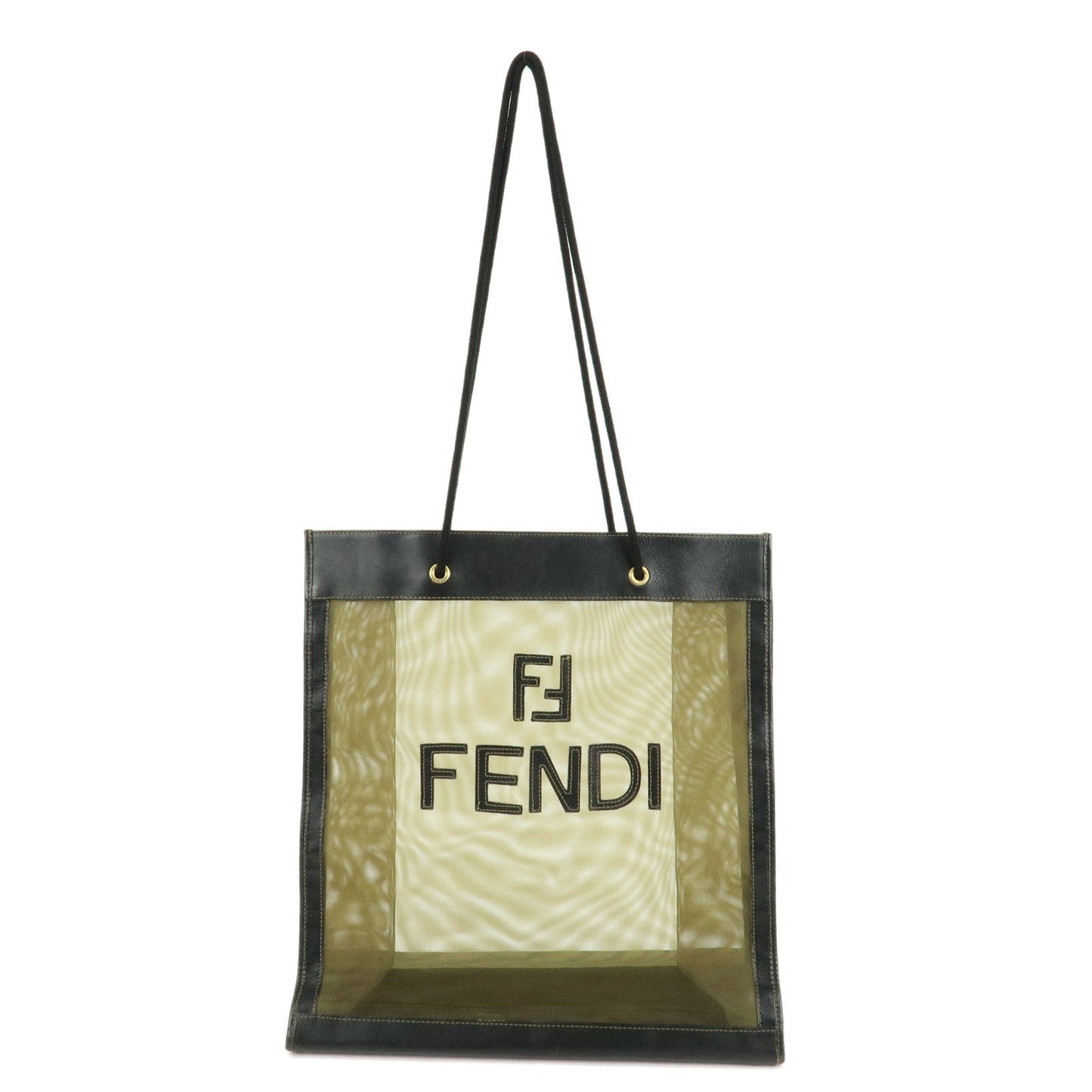 FENDI Mesh Leather Tote Bag Shoulder Bag Khaki Black 259642