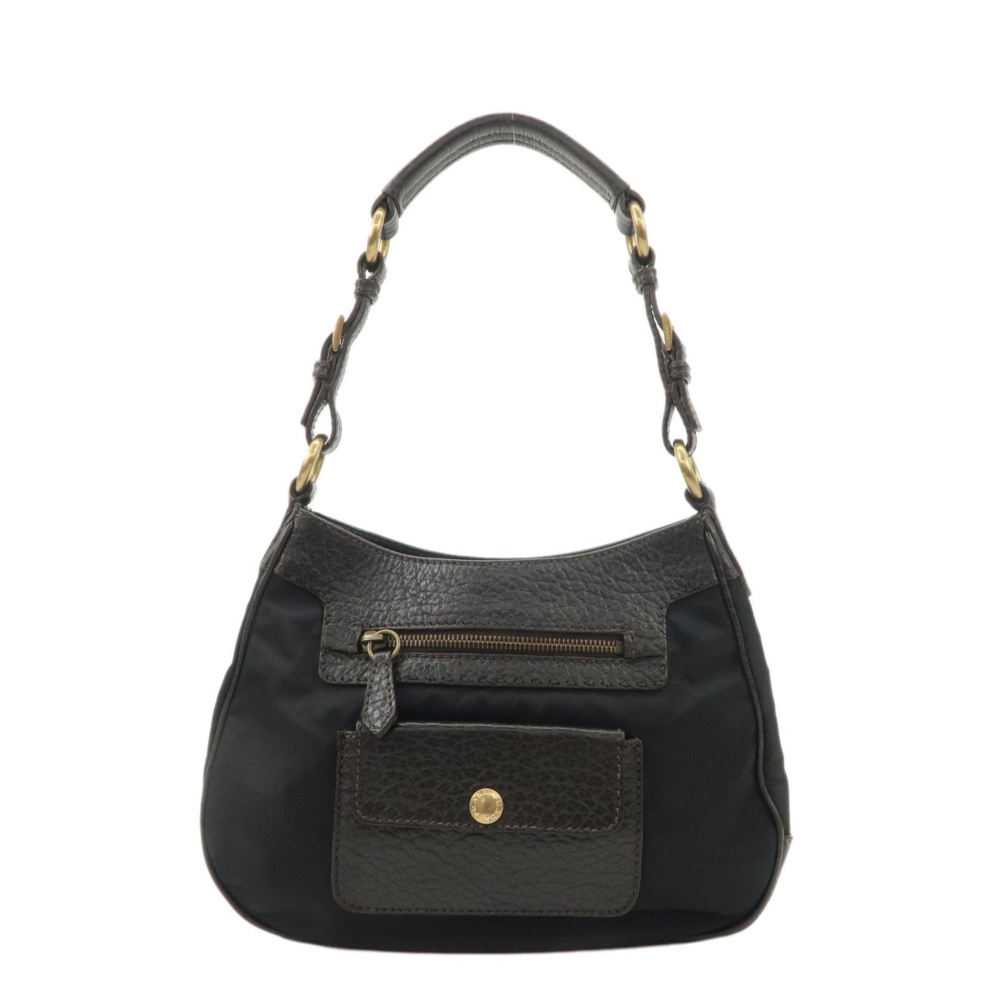 PRADA Nylon Leather Shoulder Bag Black Dark Brown BR1973