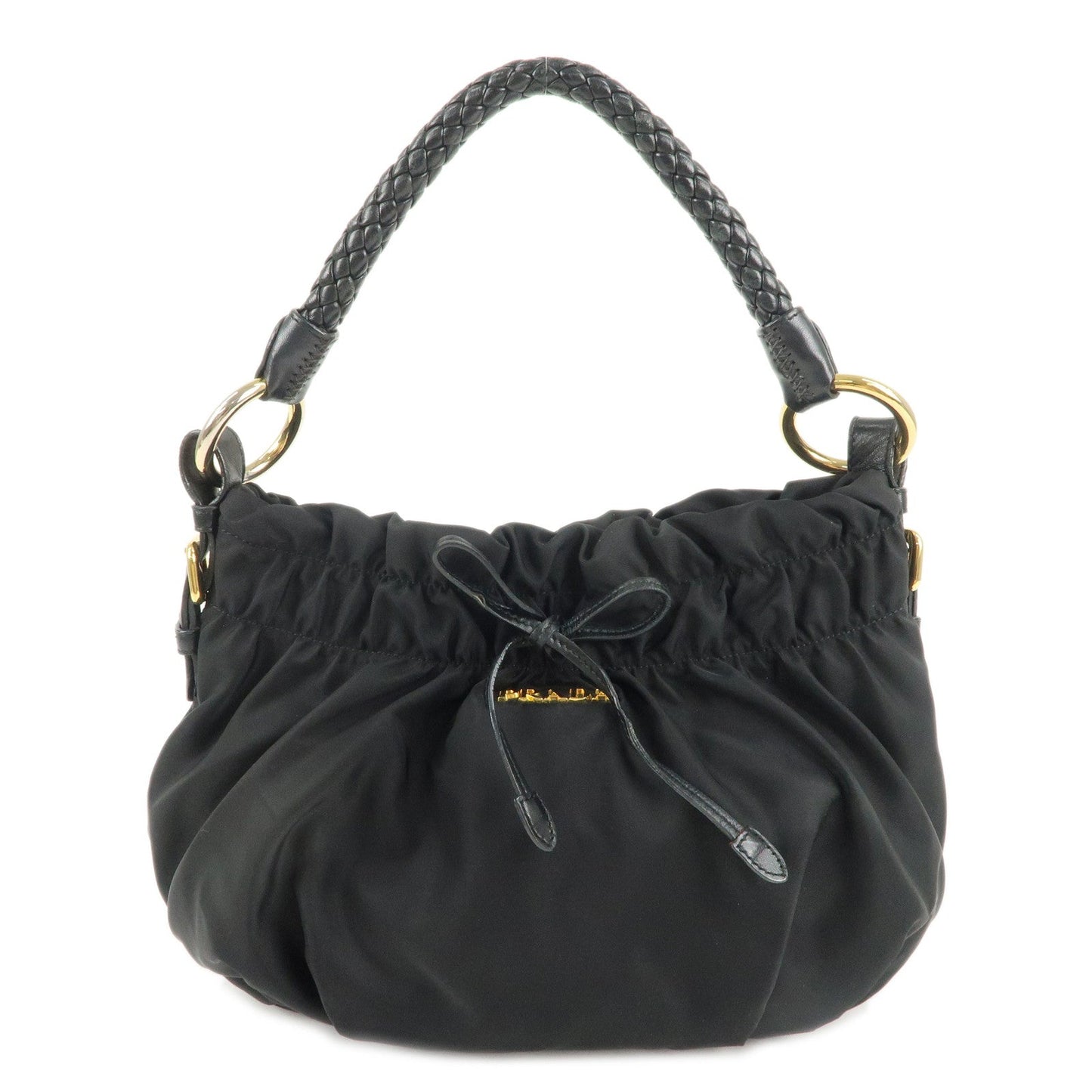 PRADA Nylon Leather Gathered One Shoulder Bag Black Gold HDW