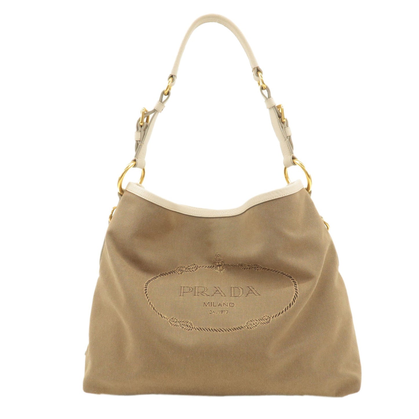 PRADA Logo Jacquard Leather Shoulder Bag Beige Ivory