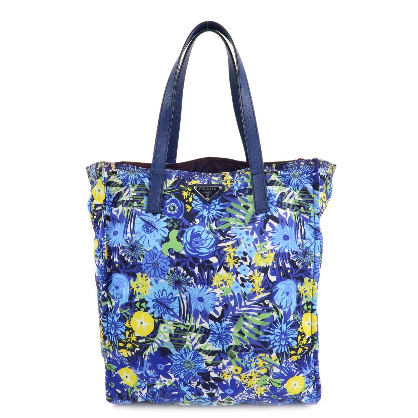 PRADA Logo Nylon Leather Tote Bag Floral Print Blue BN2851