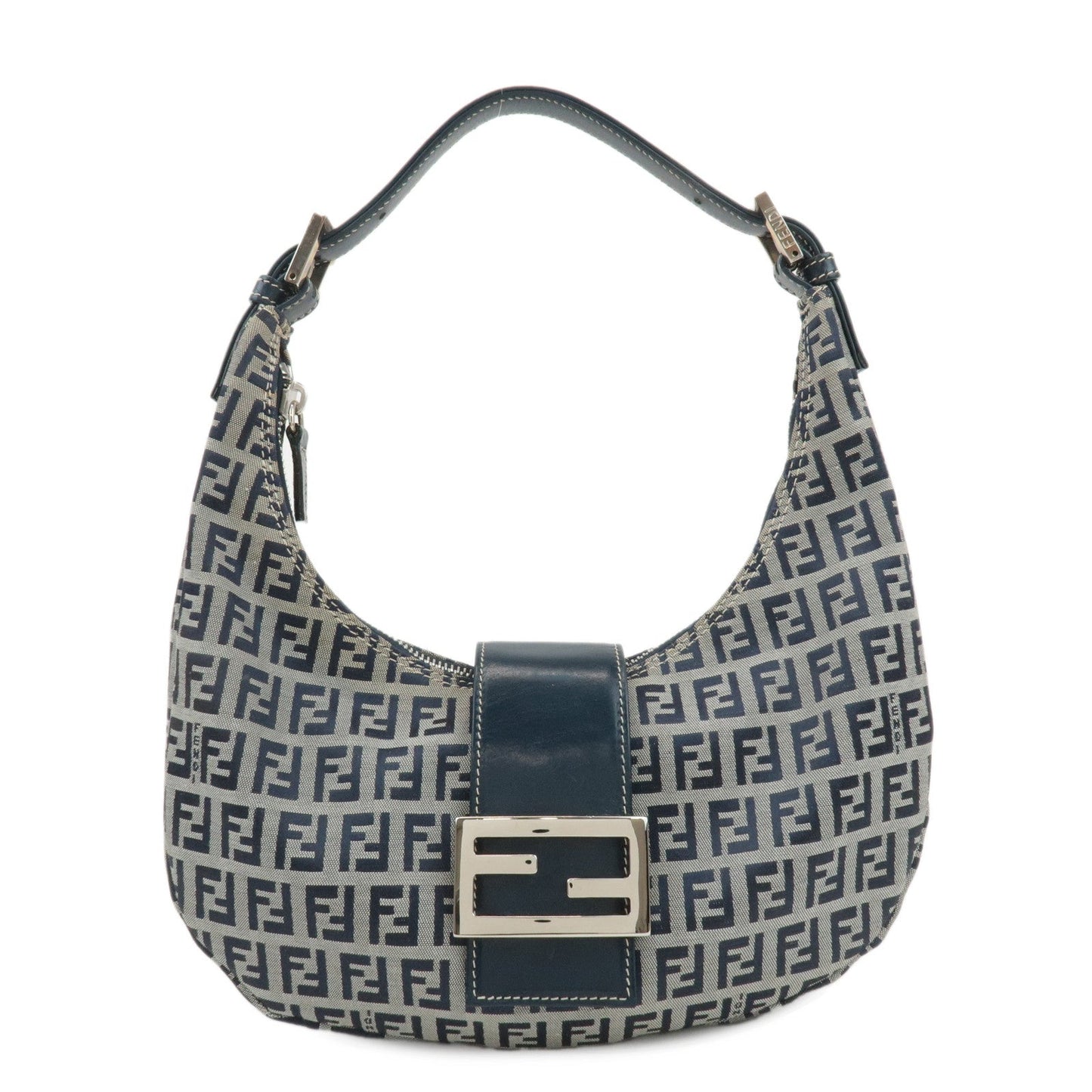 FENDI Zucchino Canvas Leather Shoulder Bag Navy Grey