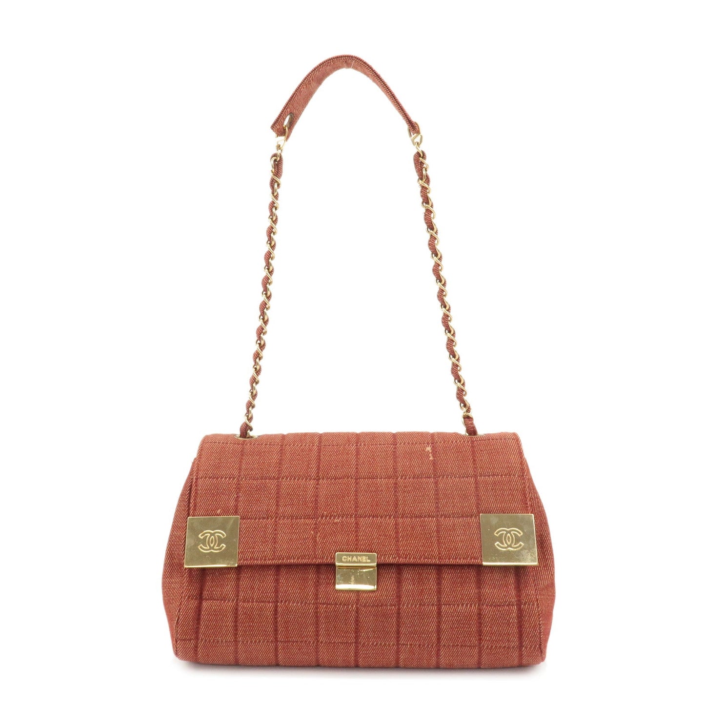 CHANEL Chocolate Bar Canvas Chain Shoulder Bag Red Gold