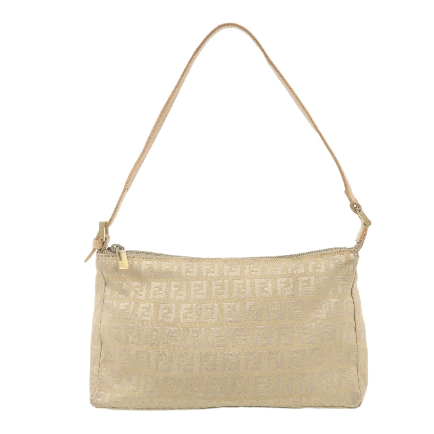 FENDI Zucchino Canvas Leather Shoulder Bag Beige