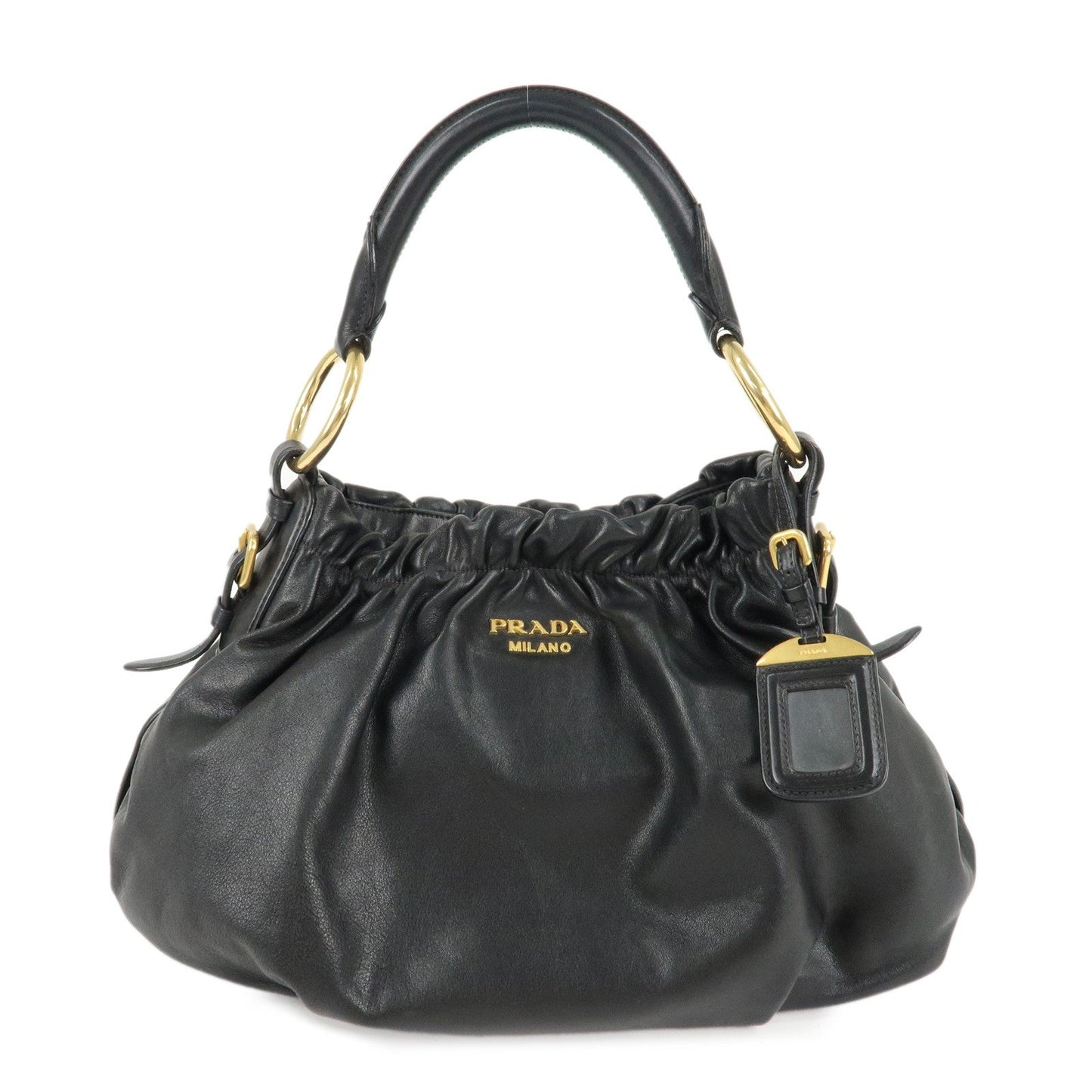 PRADA Leather Shoulder Bag Hand Bag Black Gold Hardware