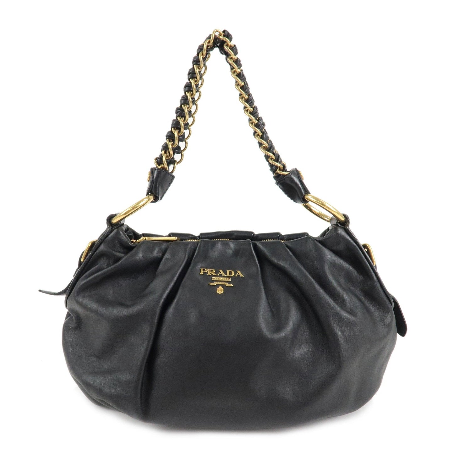 PRADA Leather Chain One-Shoulder Bag Black Gold Hardware