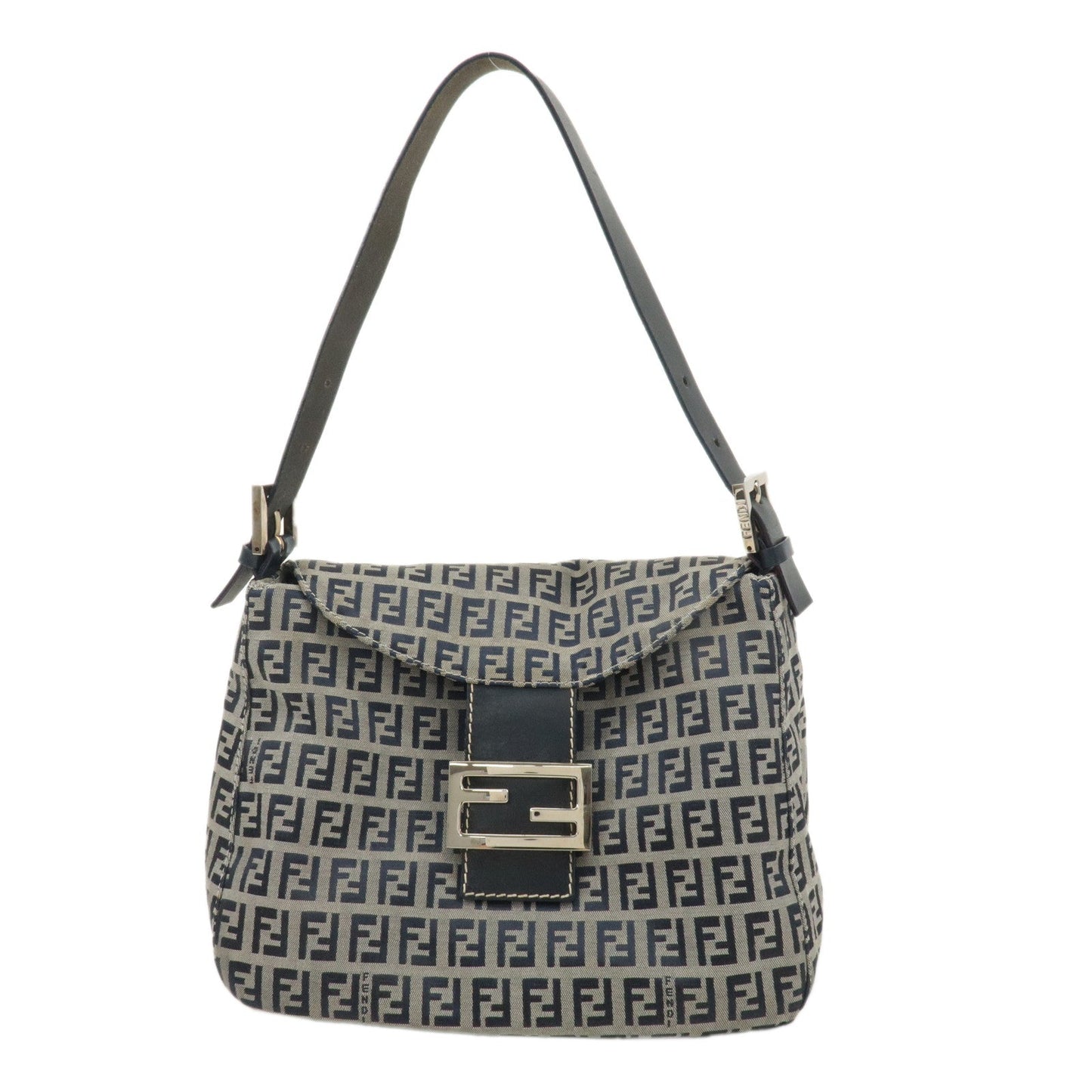 FENDI Zucchino Canvas Leather Shoulder Bag Gray Blue 26426