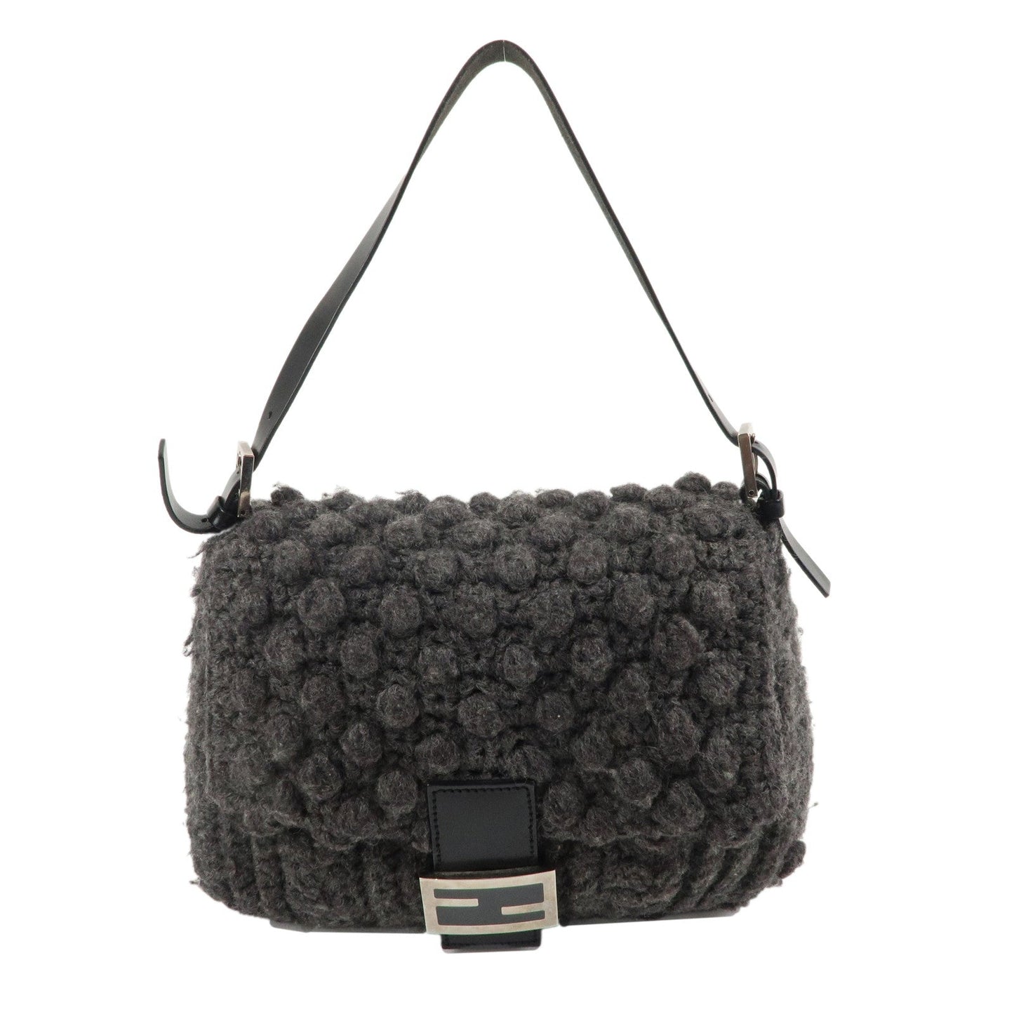 FENDI Wool Leather Mamma Baguette Shoulder Bag Gray