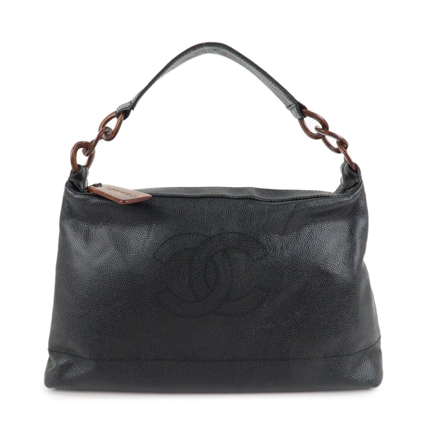 CHANEL Caviar Skin COCO Mark Wood Chain Shoulder Bag Black