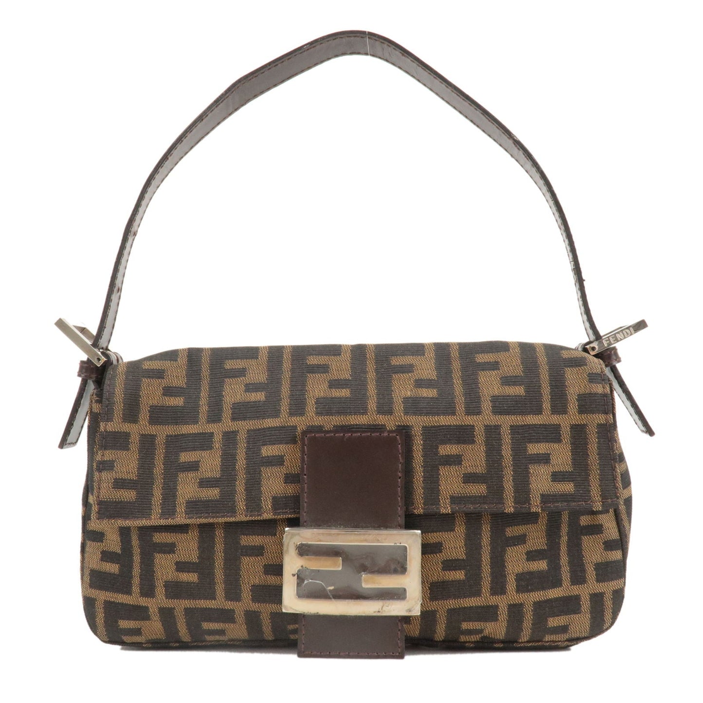 FENDI Mamma Baguette Zucca Canvas Leather Shoulder Bag Brown 26424