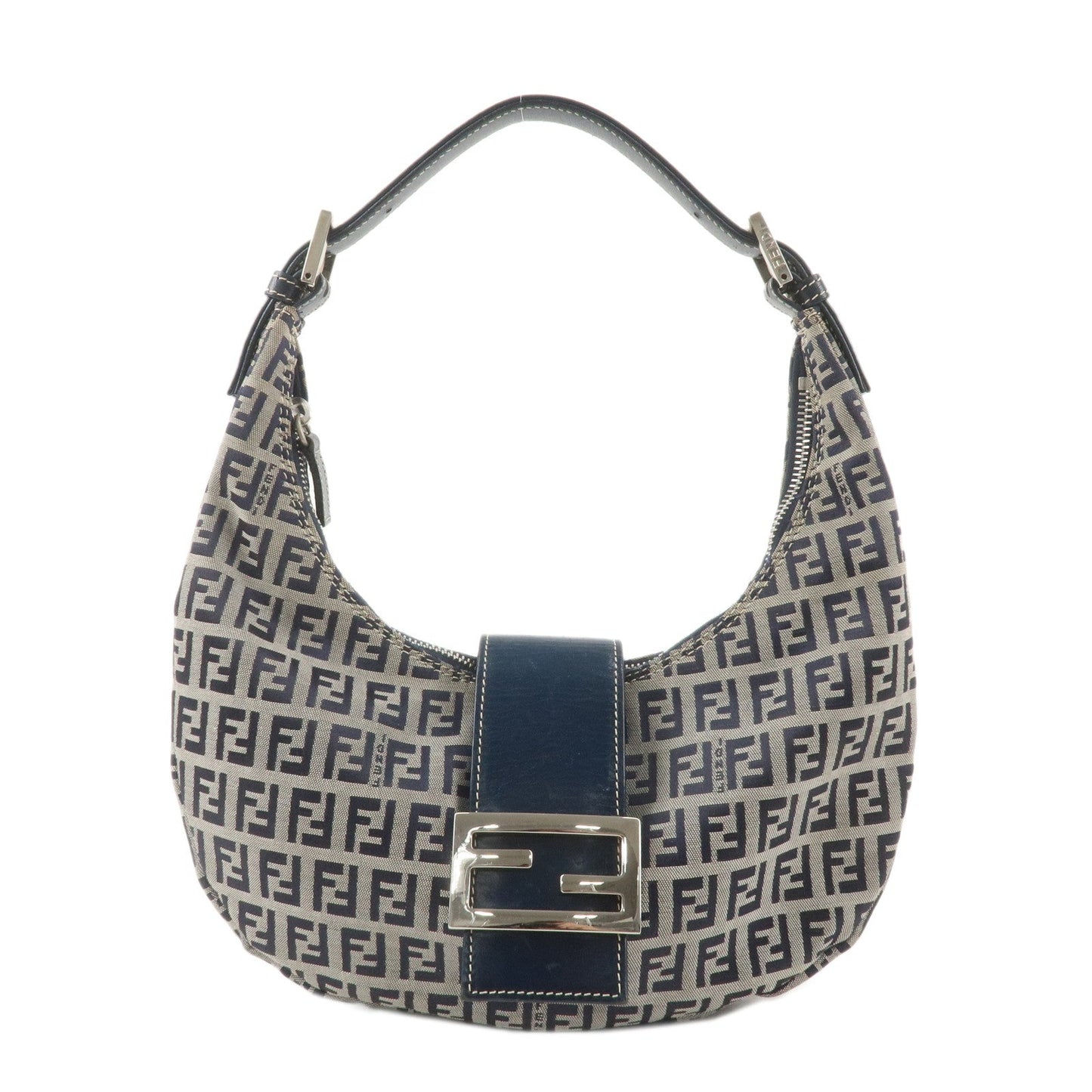 FENDI Zucchino Canvas Leather Shoulder Bag Navy Grey