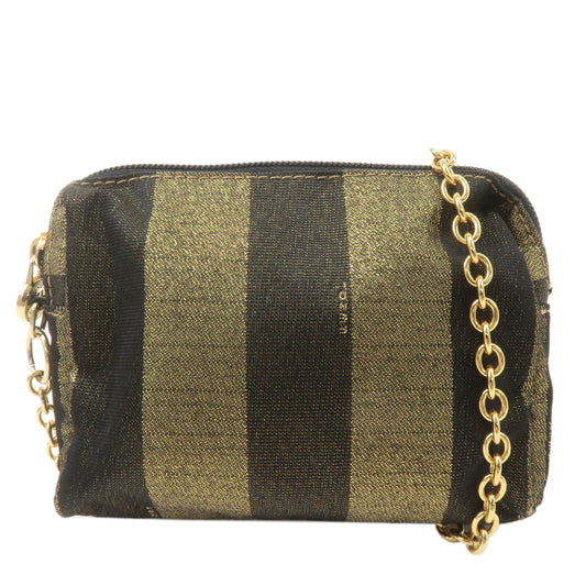 FENDI Pequin Canvas Chain Shoulder Bag Crossbody Bag Gold Black