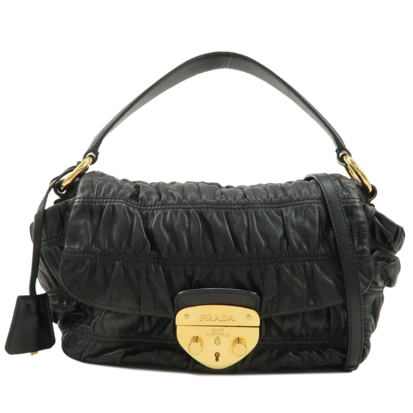 PRADA Leather Gathered 2WAY Shoulder Bag Black BN1639