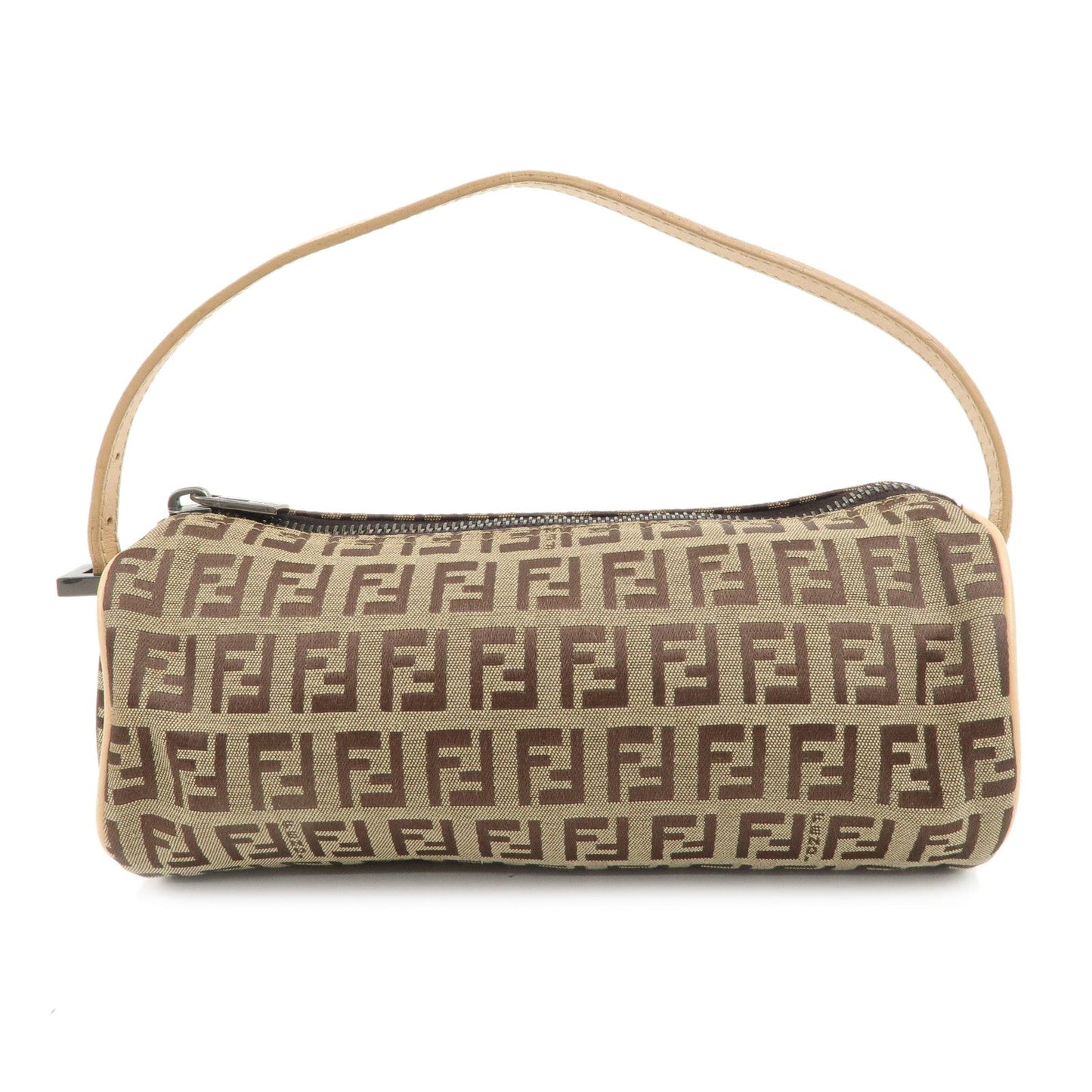 FENDI Zucchino Canvas Leather Pouch Hand Bag Beige Brown 7N0036