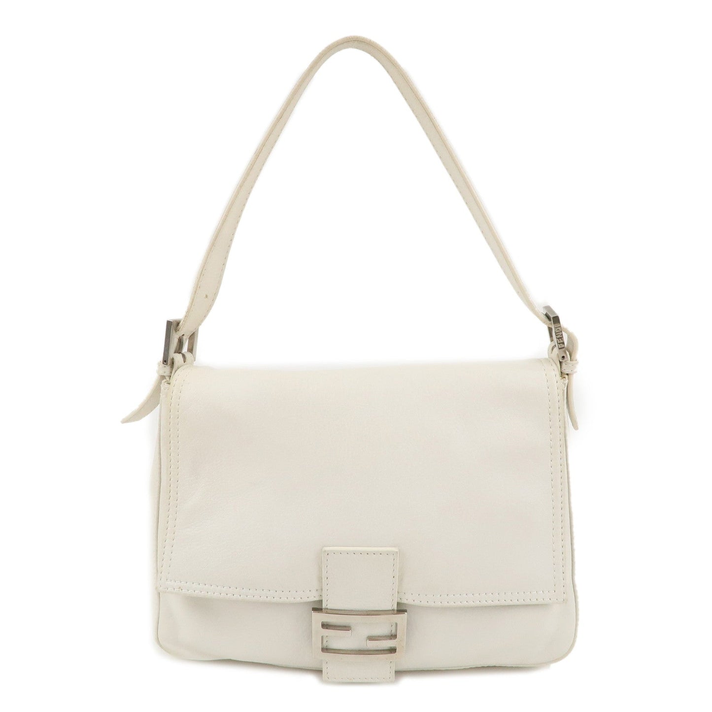 FENDI Leather Mamma Baguette Shoulder Bag Ivory Silver HDW 8BR001