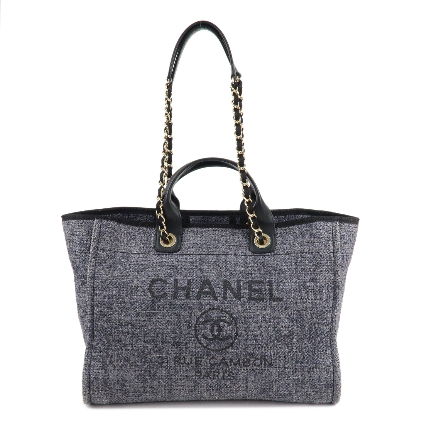 CHANEL Deauville Raffia Leather Chain Tote Bag GM A66941 Navy