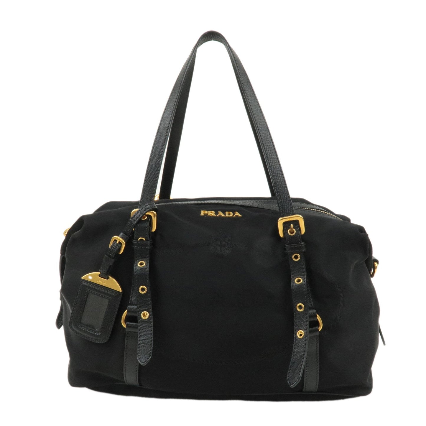 PRADA Logo Nylon Leather Tote Bag Shoulder Bag Black BL0600