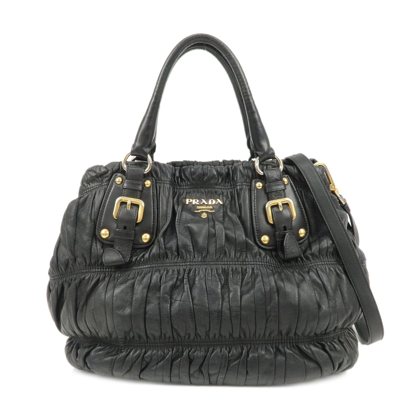 PRADA Leather Gathered 2Way Shoulder Bag Hand Bag Black BN1789