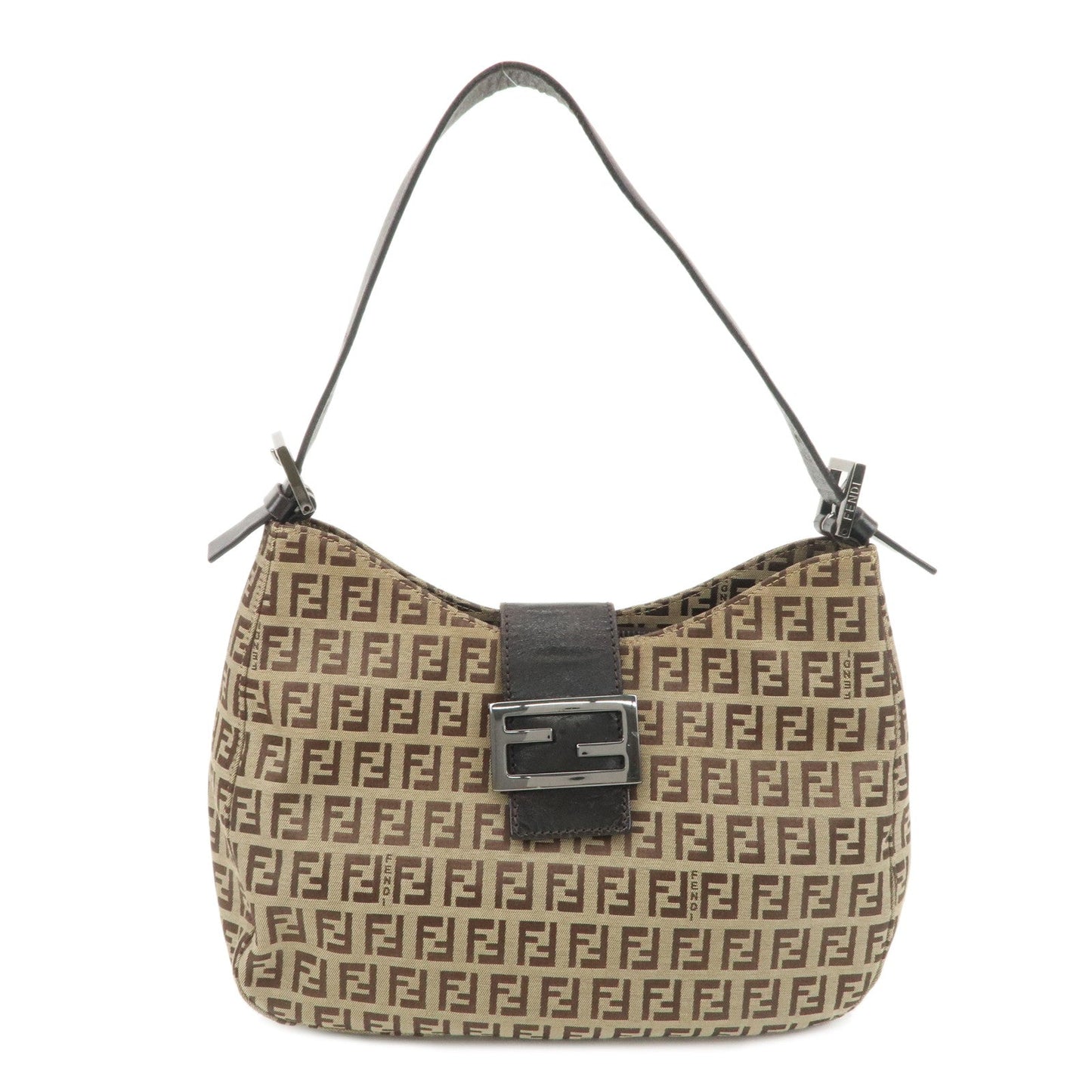 FENDI Zucchino Canvas Leather Shoulder Bag Beige Brown 8BR036