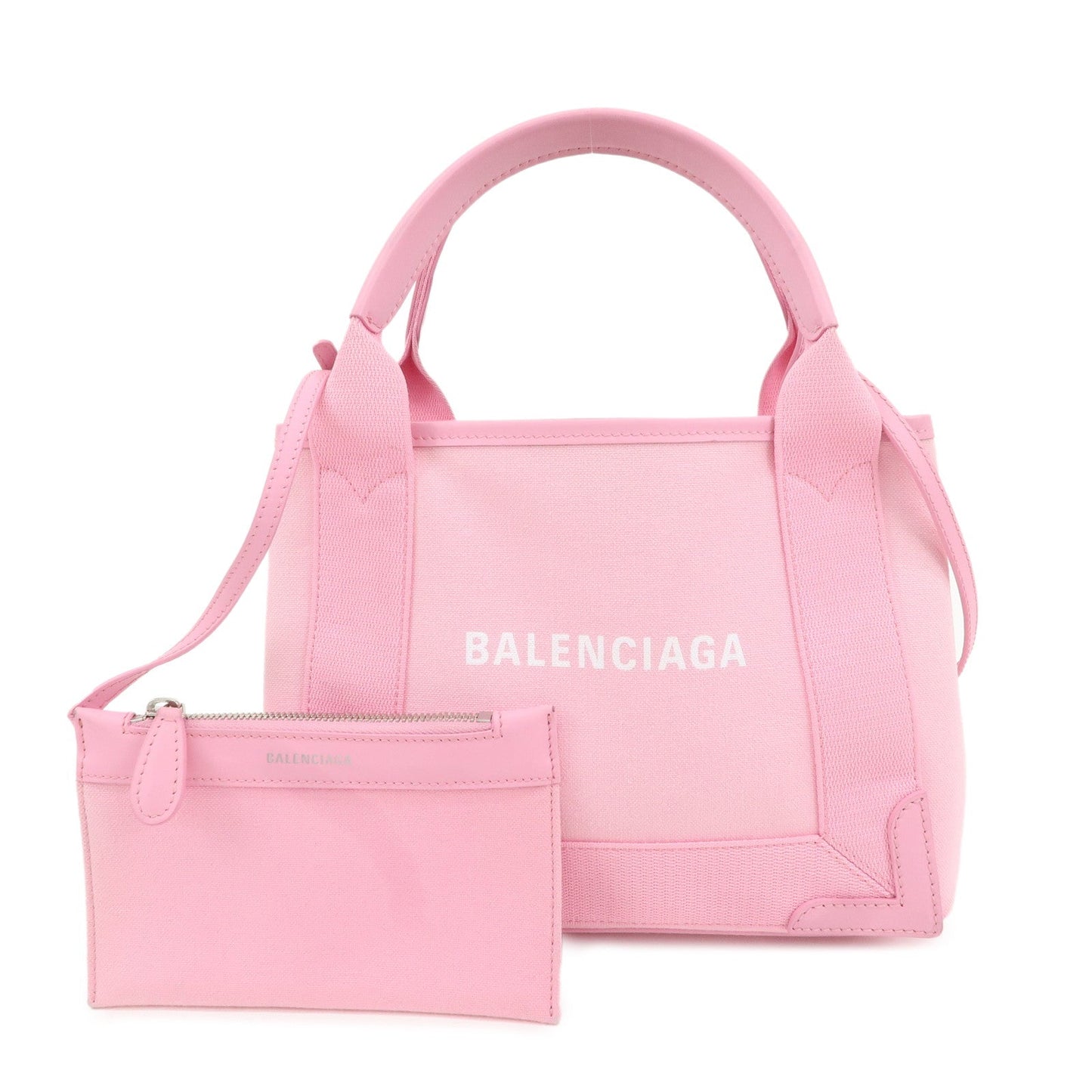 BALENCIAGA Canvas Leather Navy Cabas XS 2Way Tote Bag Pink 390346