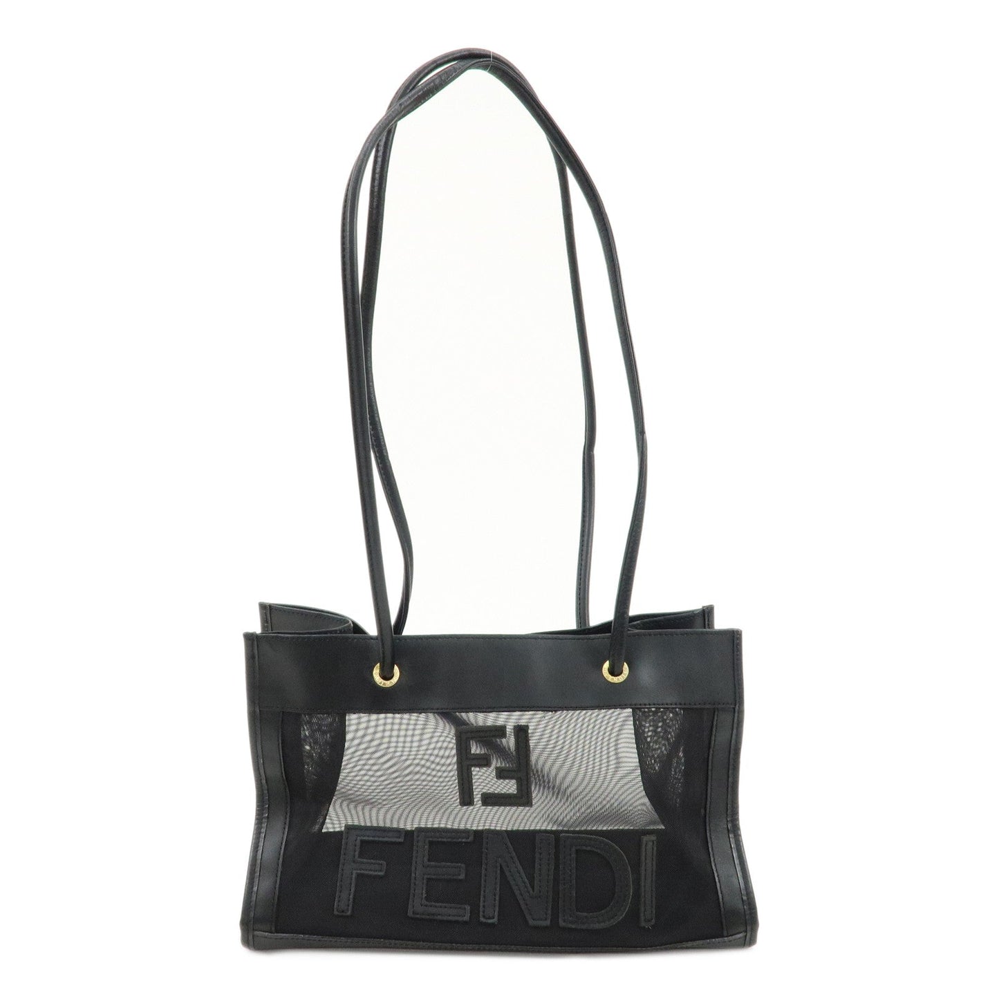 FENDI Mesh Leather Logo Tote Bag Hand Bag Black Small