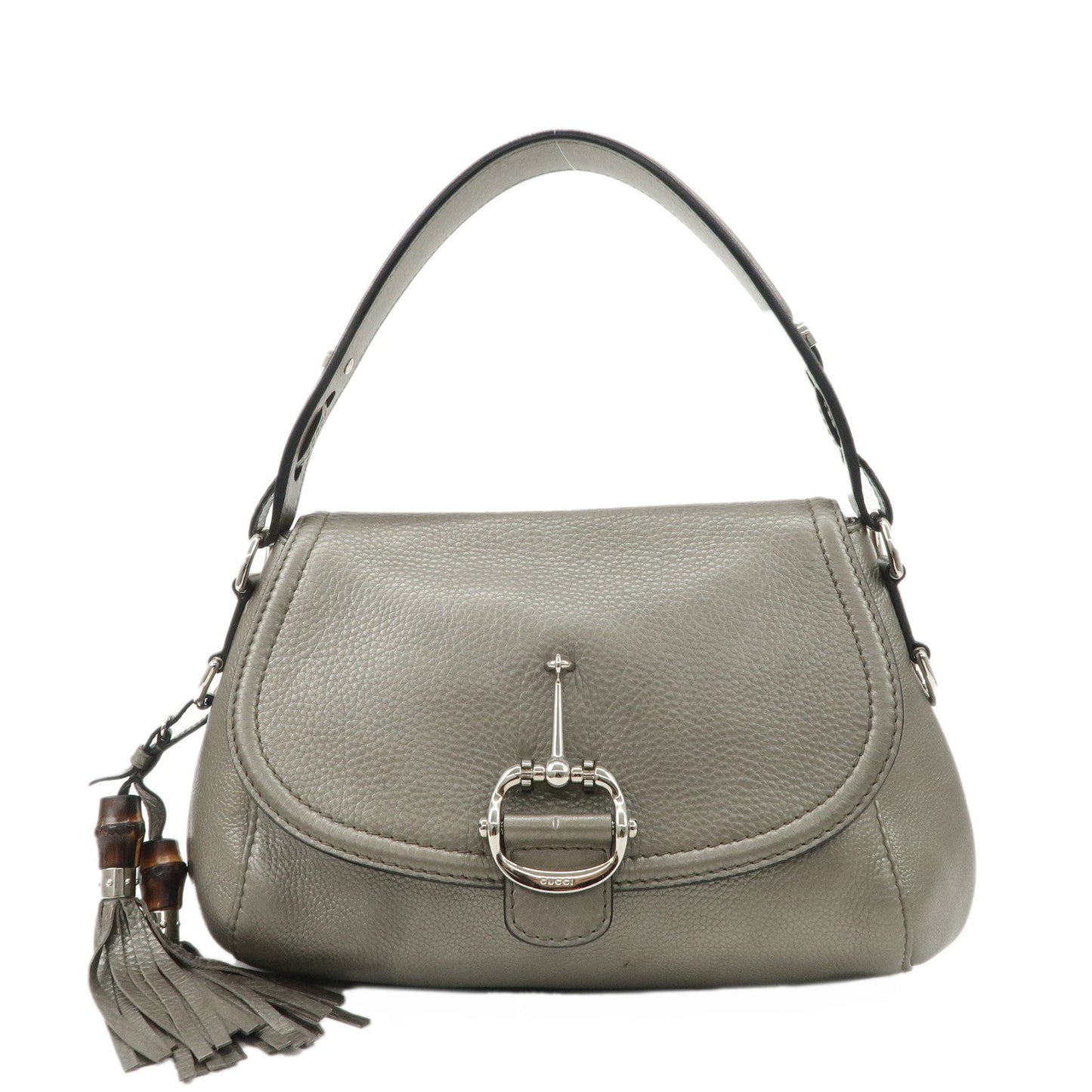 GUCCI Bamboo Horsebit Leather Shoulder Bag Gray 240266