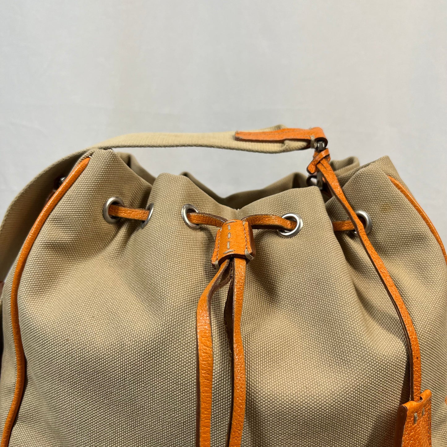 PRADA Leather & Canvas Drawstring Orange Bucket Bag TS3776