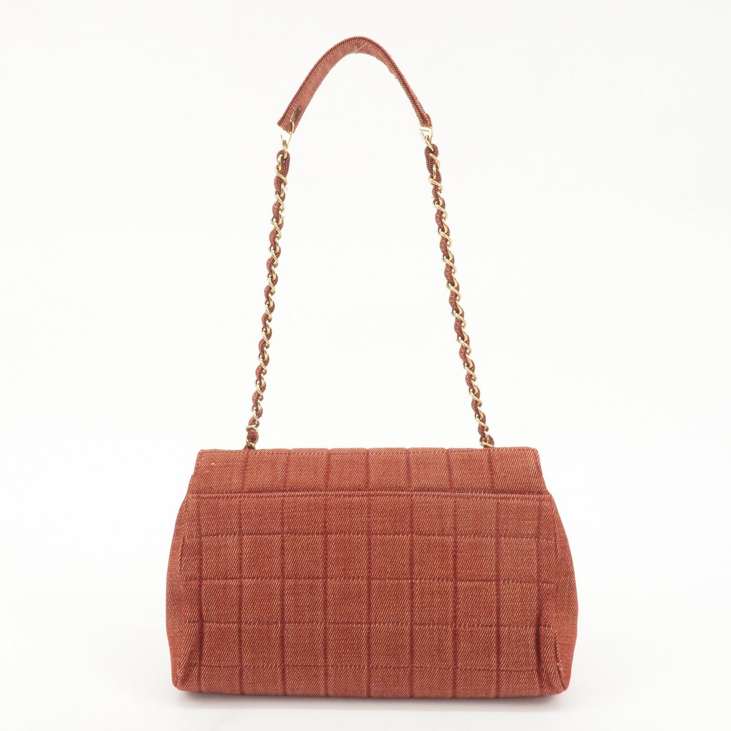 CHANEL Chocolate Bar Canvas Chain Shoulder Bag Red Gold