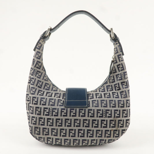 FENDI Zucchino Canvas Leather Shoulder Bag Navy Grey