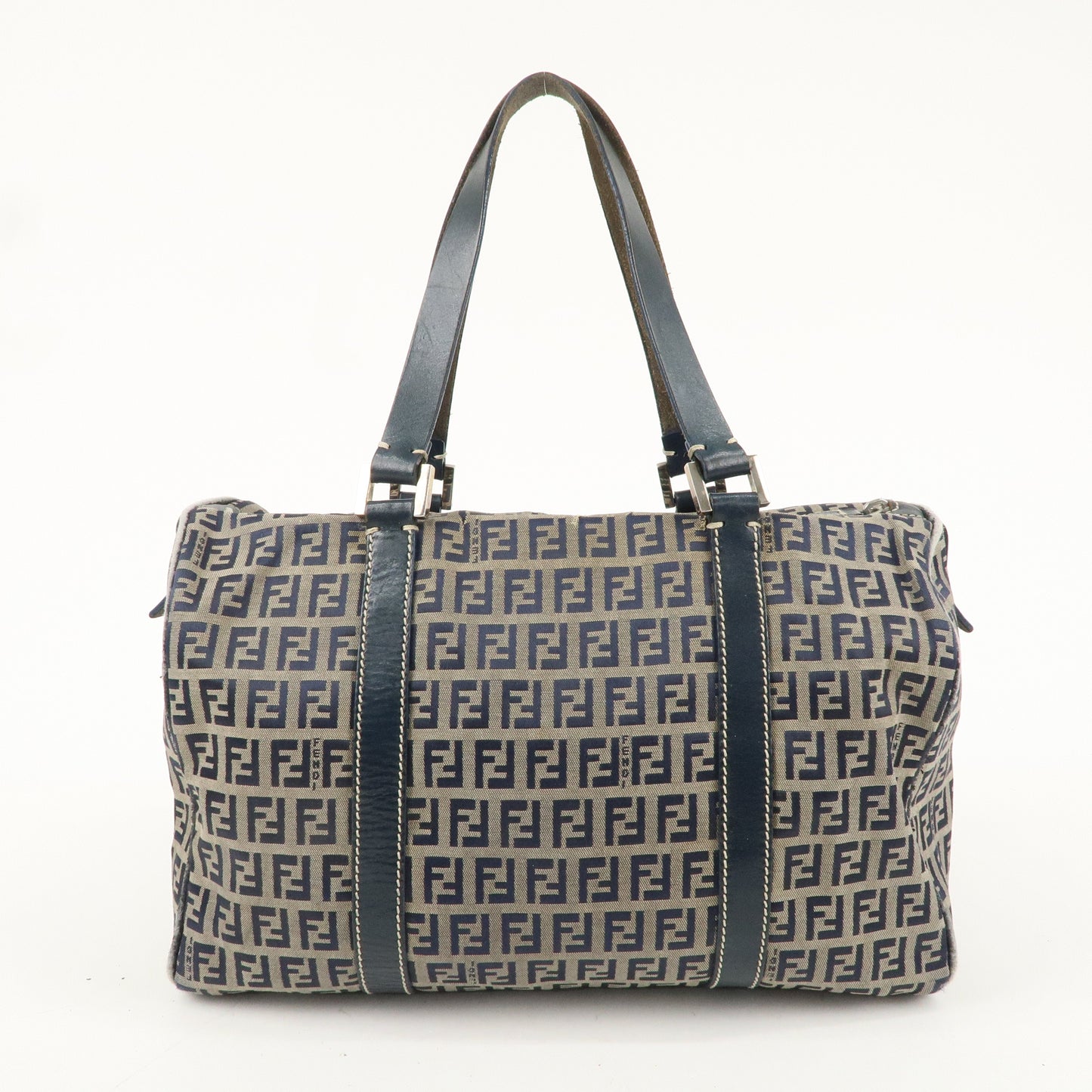 FENDI Zucchino Canvas Leather Boston Bag Beige Navy 16327