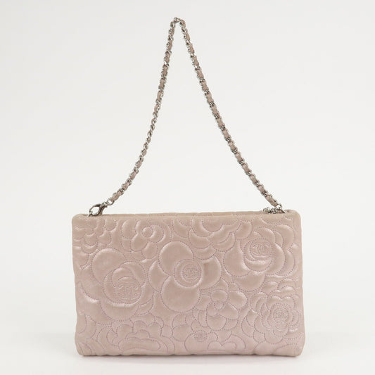 CHANEL Camelia Shiny Lambskin Chain Shoulder Bag Pink