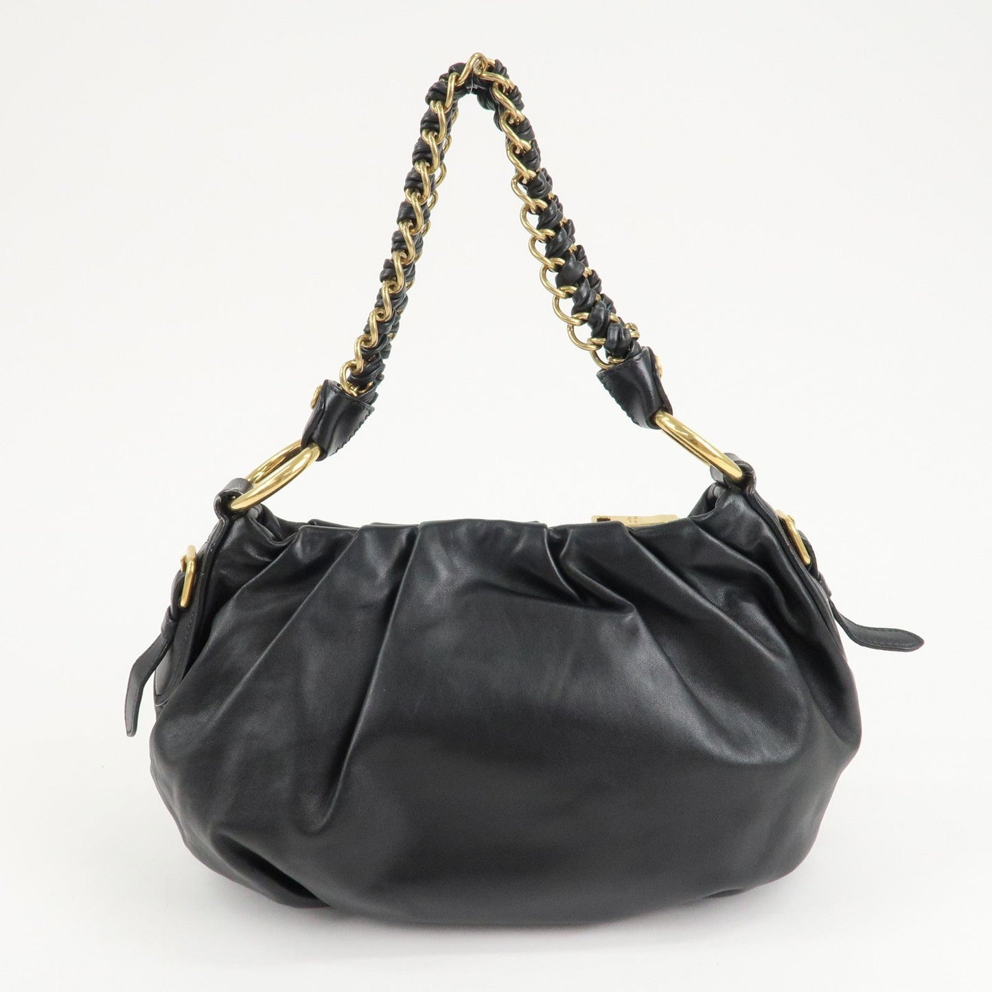 PRADA Leather Chain One-Shoulder Bag Black Gold Hardware