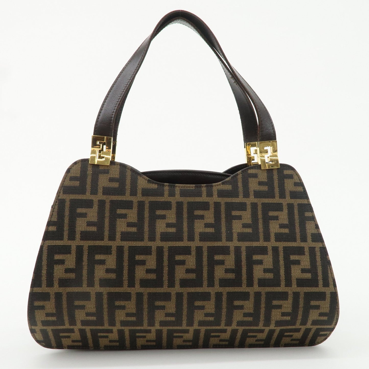 FENDI Zucca Canvas Leather Tote Bag Brown Black Gold Hardware