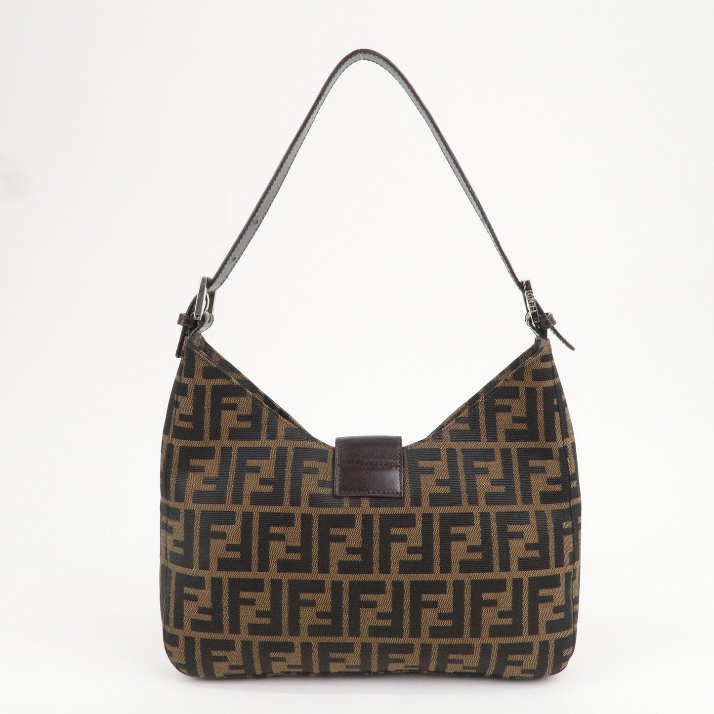 FENDI Zucca Canvas Leather Shoulder Bag Brown Black 26569