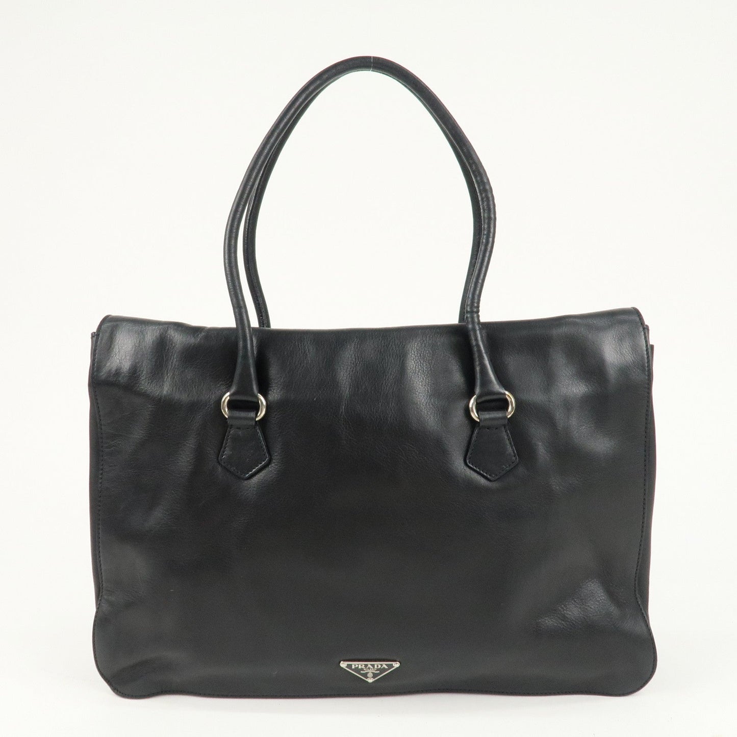 PRADA Leather Tote Bag Shoulder Bag Black Silver Hardware