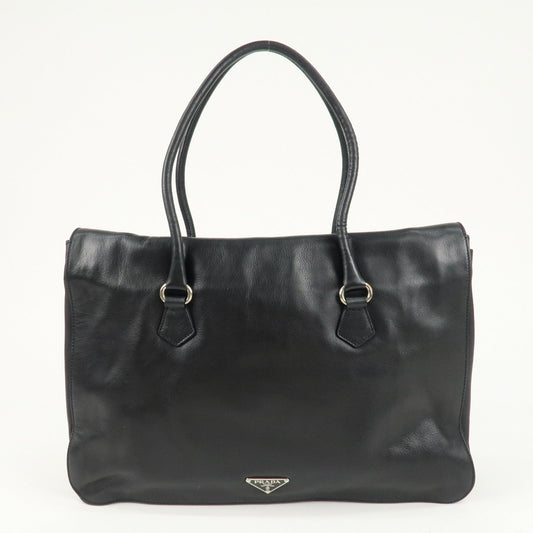 PRADA Leather Tote Bag Shoulder Bag Black Silver Hardware