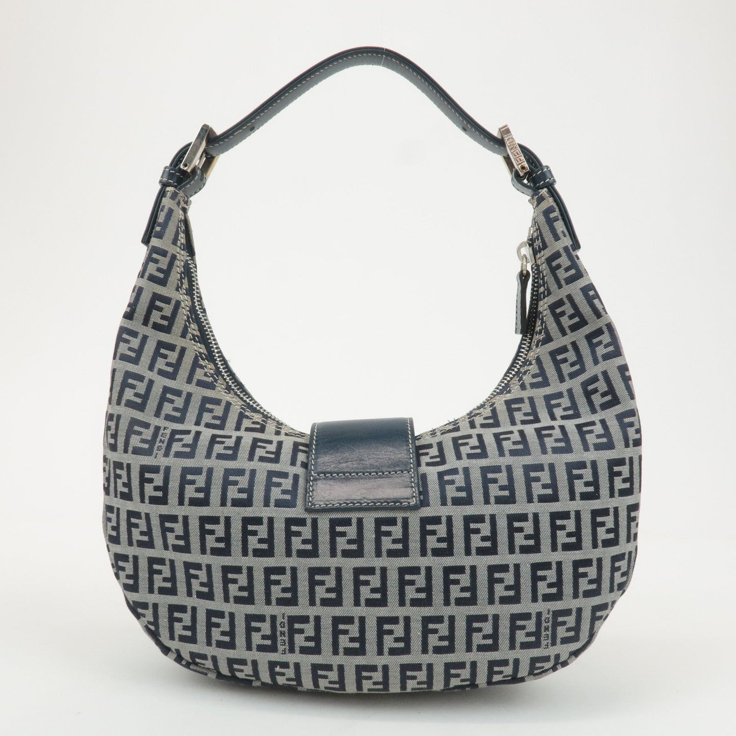 FENDI Zucchino Canvas Leather Shoulder Bag Navy Grey