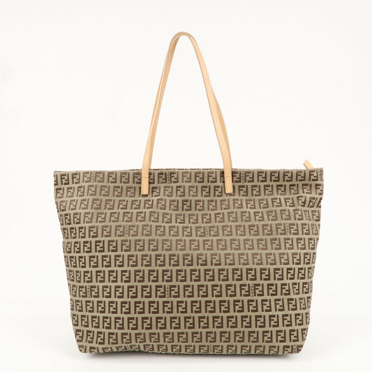 FENDI Zucchino Canvas Leather Tote Bag Beige Brown