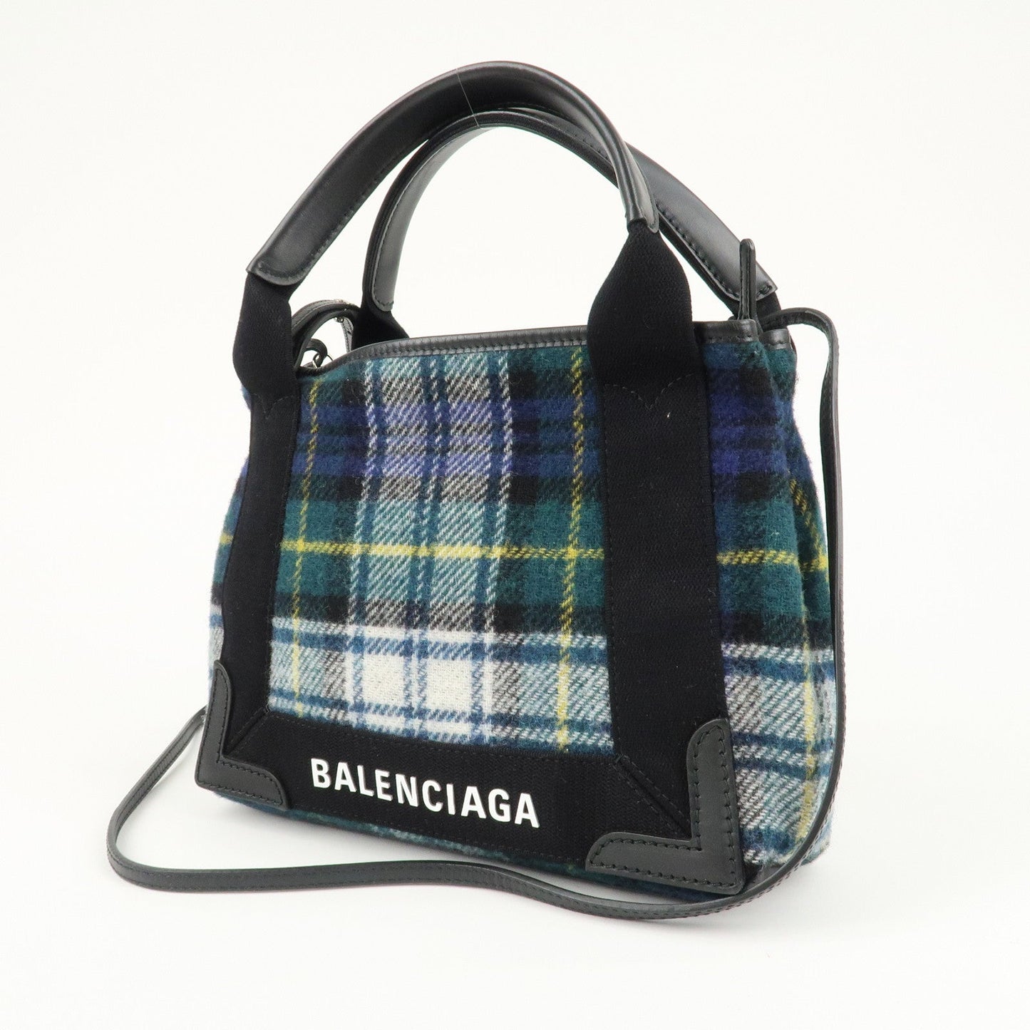 BALENCIAGA Wool Leather Navy Cabas XS Hand Bag Tote Bag 390346