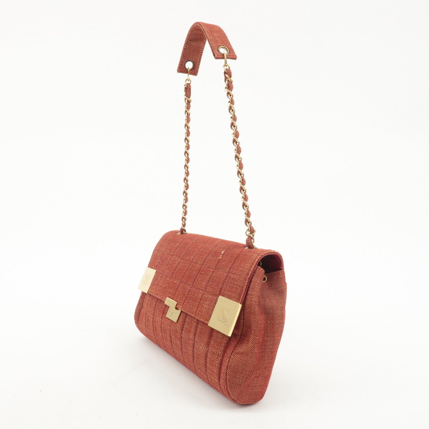 CHANEL Chocolate Bar Canvas Chain Shoulder Bag Red Gold