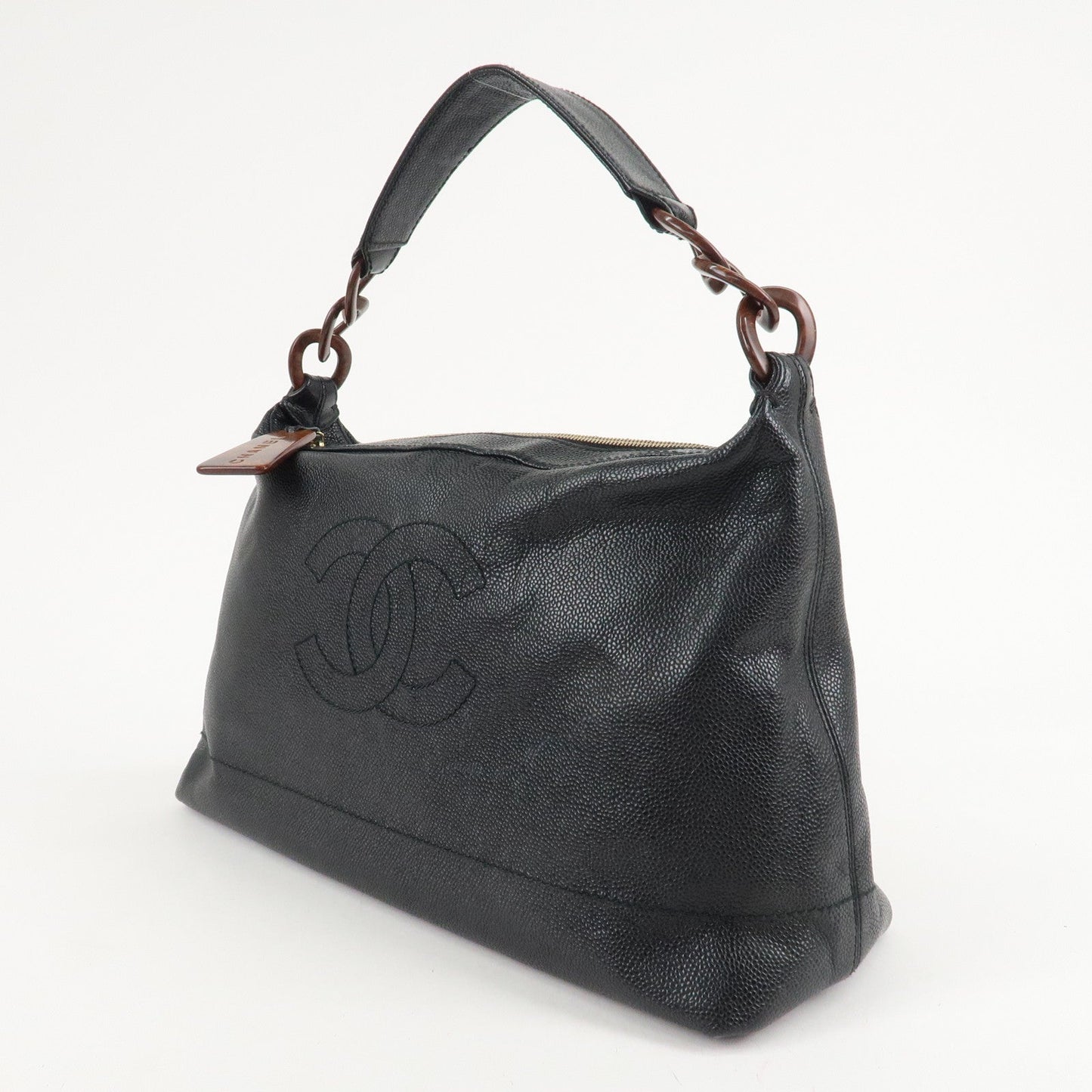 CHANEL Caviar Skin COCO Mark Wood Chain Shoulder Bag Black