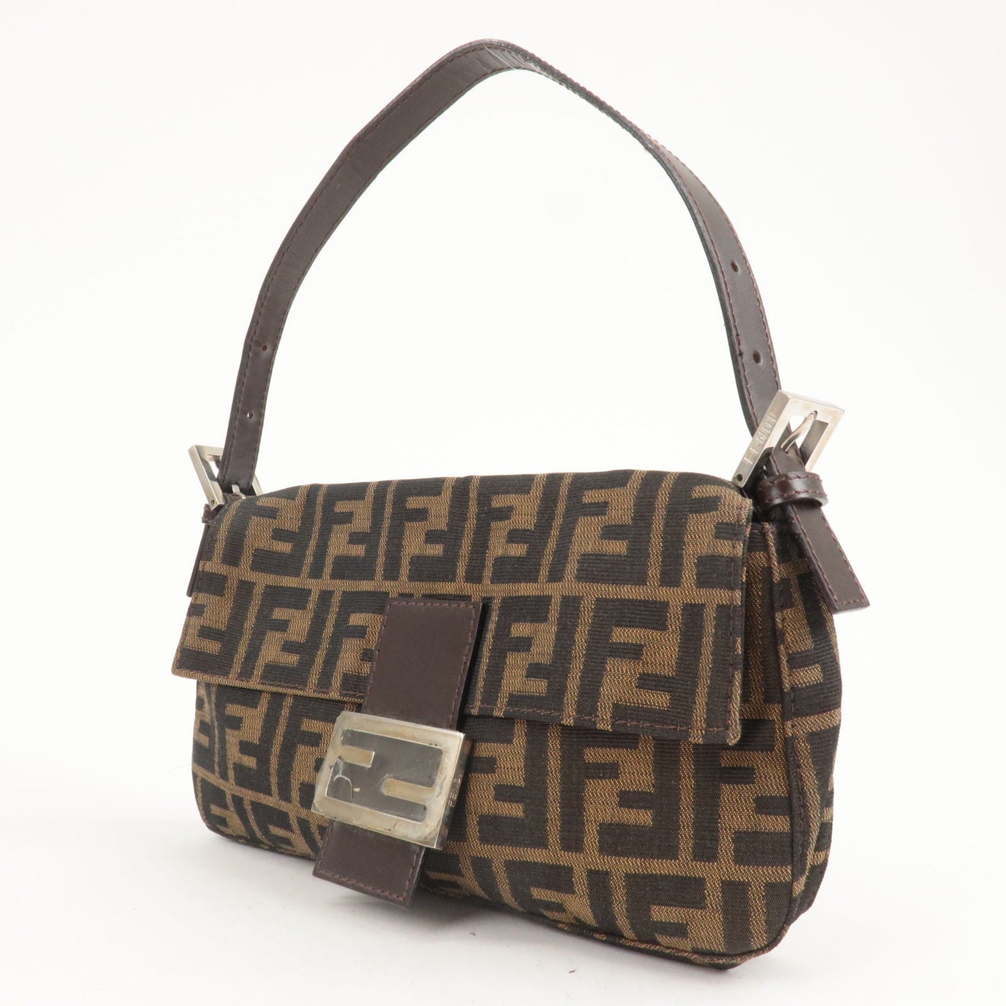 FENDI Mamma Baguette Zucca Canvas Leather Shoulder Bag Brown 26424