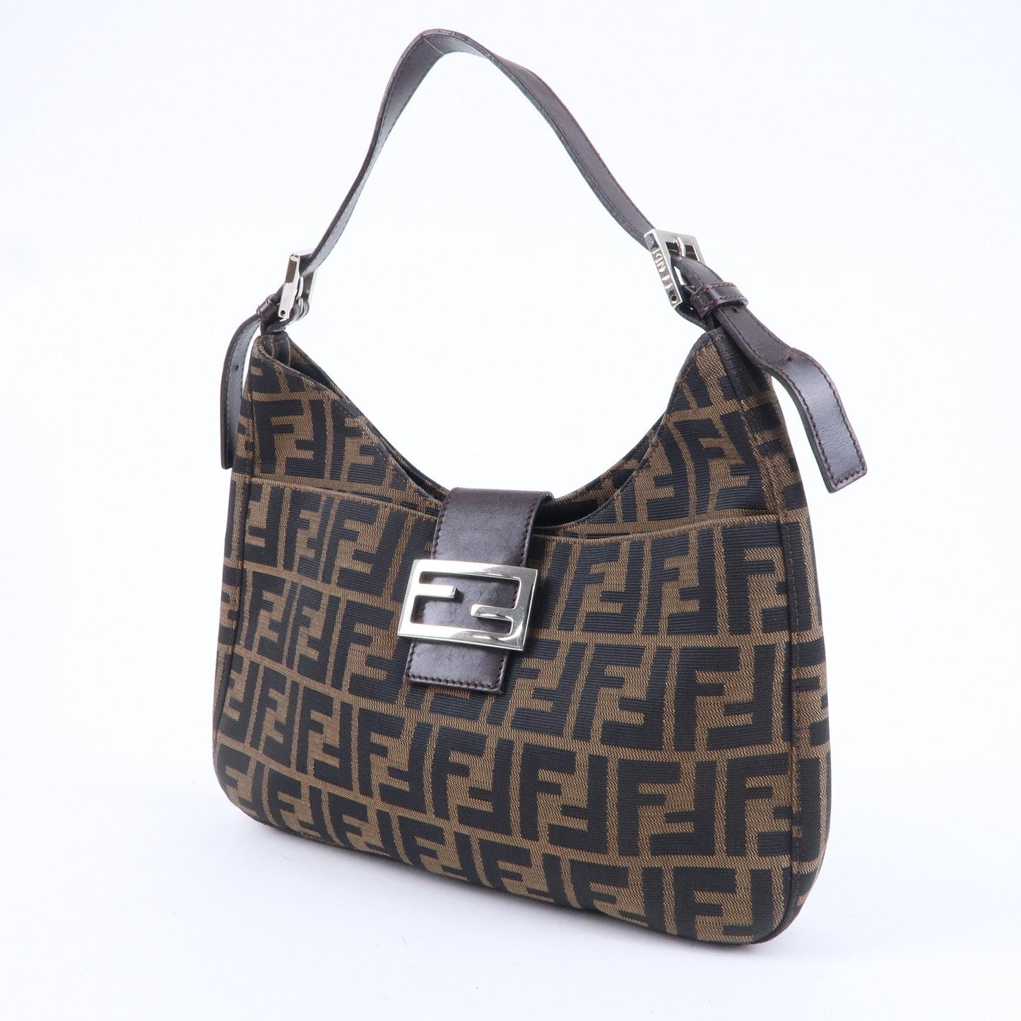 FENDI Zucca Canvas Leather Shoulder Bag Brown Black 26569