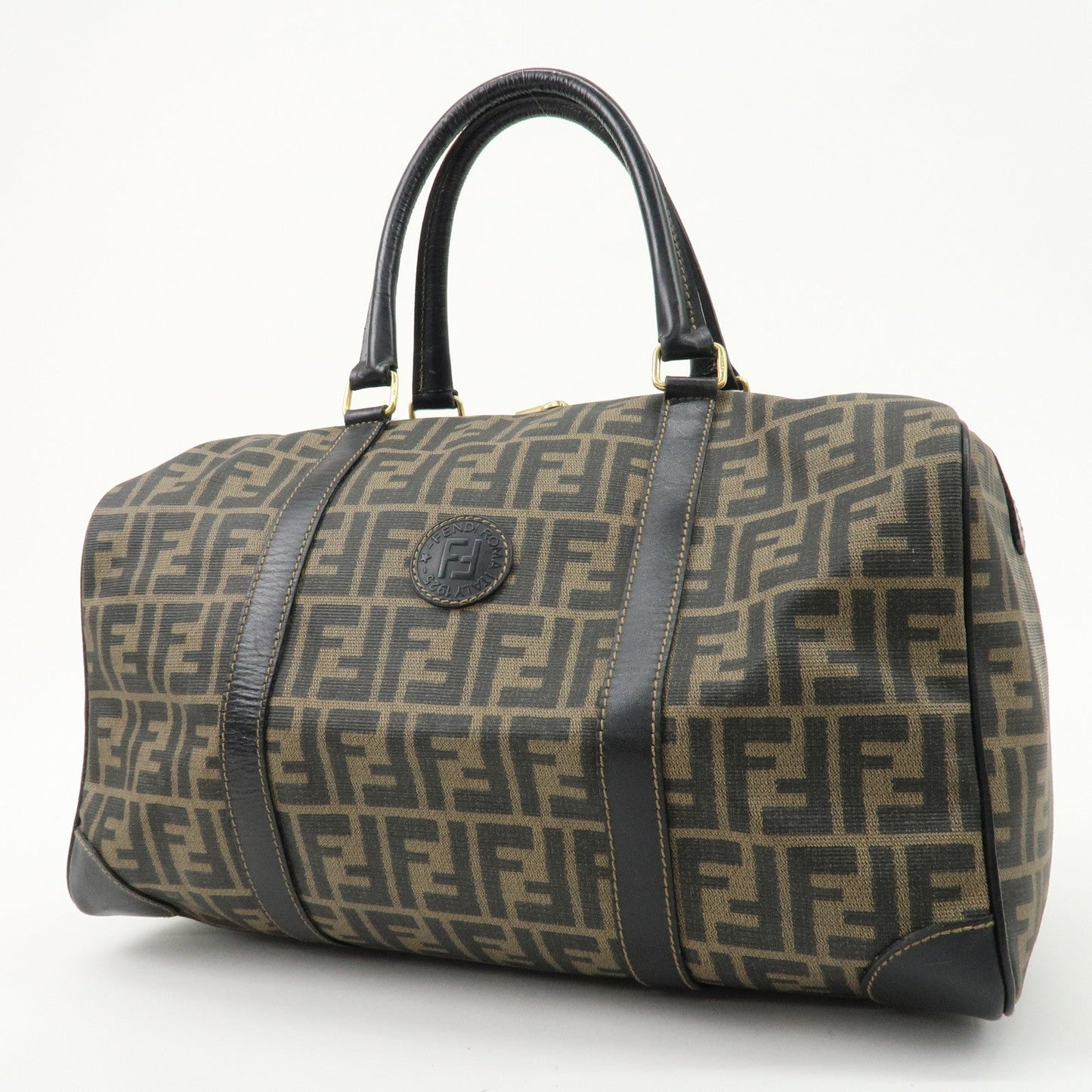 FENDI Zucca Logo Print PVC Leather Boston Bag Brown Black