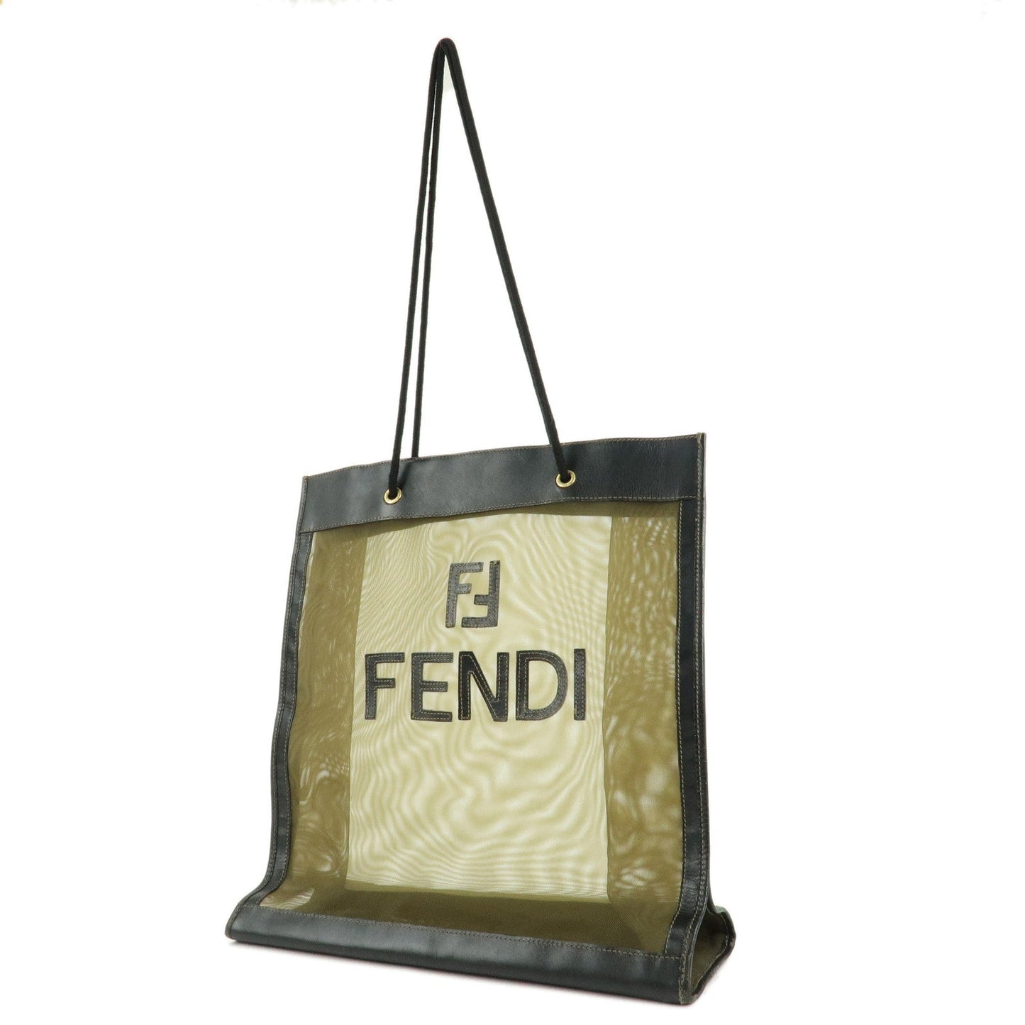 FENDI Mesh Leather Tote Bag Shoulder Bag Khaki Black 259642