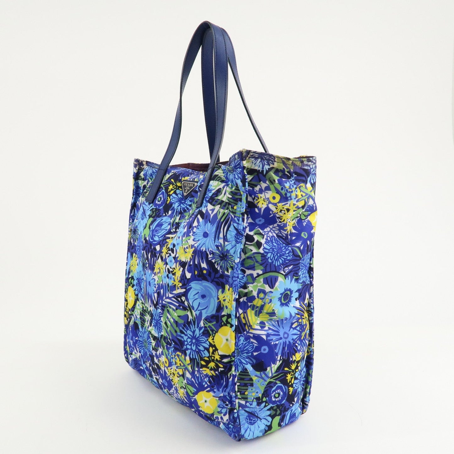 PRADA Logo Nylon Leather Tote Bag Floral Print Blue BN2851