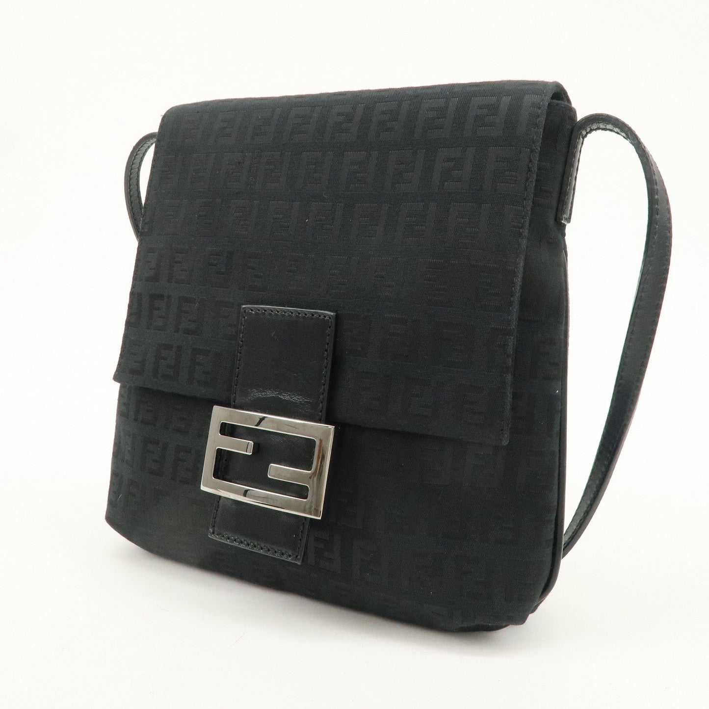 FENDI Zucchino Canvas Leather Shoulder Bag Black 8BT075