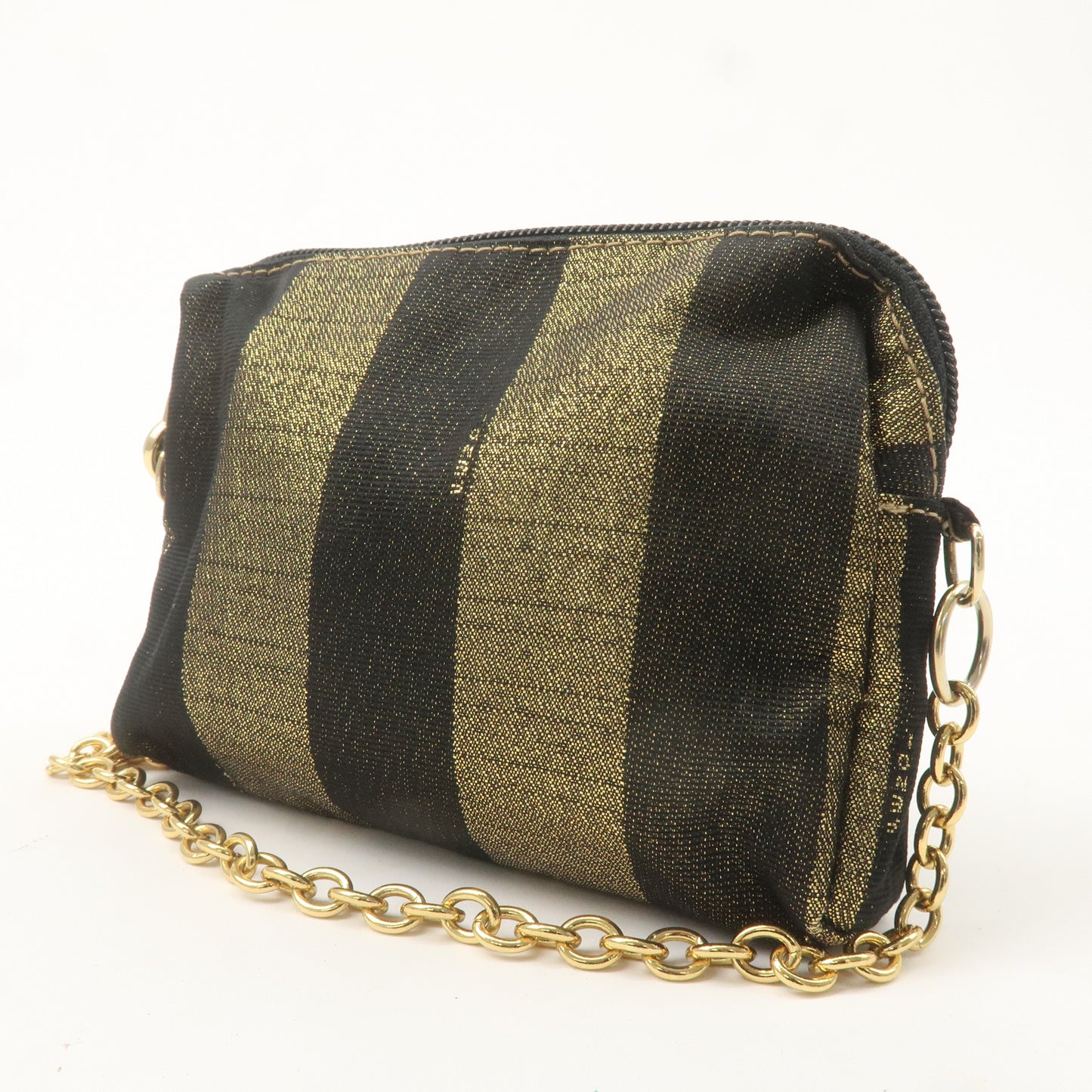 FENDI Pequin Canvas Chain Shoulder Bag Crossbody Bag Gold Black